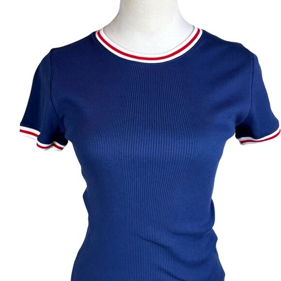 Polo Ralph Lauren Navy Blue Ribbed Red White Trim Logo Slim Fit Baby Tee - Picture 6 of 13